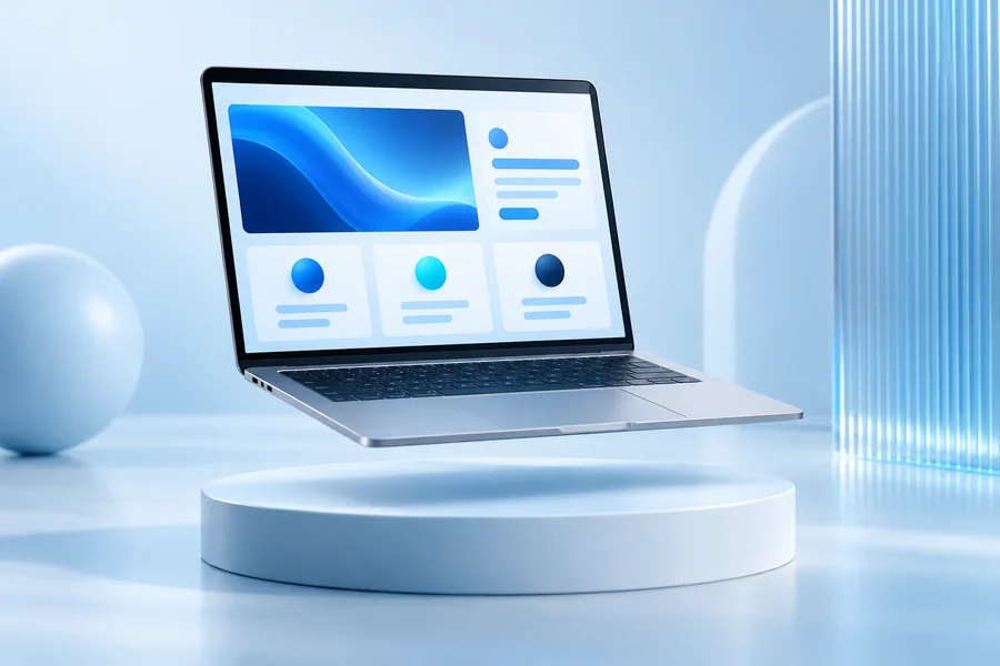 Conceito de site em um notebook prateado